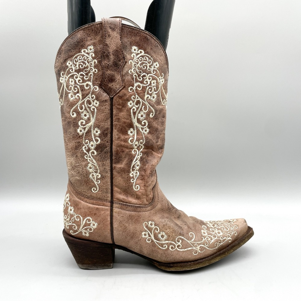 Corral Teens Size 6 Bone Floral Western Cowboy Boots Brown Leather Rustic Rodeo
